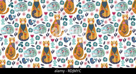 Seamless pattern rettangolare con graziosi gatti e uccelli, fiori e foglie su uno sfondo bianco, illustrazione vettoriale Illustrazione Vettoriale