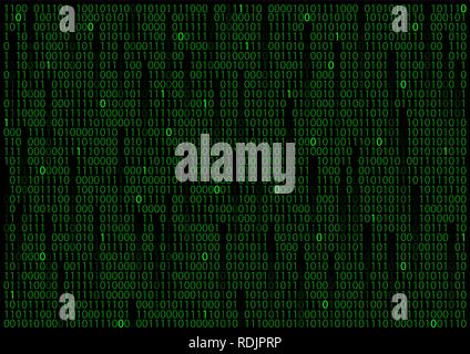 Verde matrice binaria su uno sfondo nero con codice a scomparsa Illustrazione Vettoriale