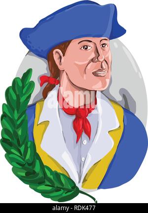 Retrò stile acquerello illustrazione di un american patriot o soldato rivoluzionario che indossa o Tricorno tricorno cappello con foglia di oliva corona e USA star Illustrazione Vettoriale