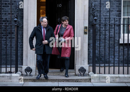 Arlene Foster leader del democratico partito unionista con Nigel Dodds vice leader al di fuori n. 10 di Downing Street, Whitehall, London, England, Regno Unito Foto Stock