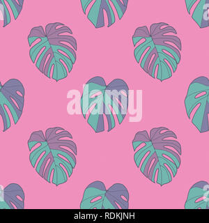 Modello senza giunture di al neon luminoso di colore teal tropical il formaggio svizzero Windowleaf Monstera Deliciosa foglie su sfondo rosa Foto Stock