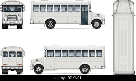 Bus bianco mockup del vettore per il branding del veicolo, pubblicità, corporate identity. Modello di isolato di realistica autobus su sfondo bianco. Illustrazione Vettoriale