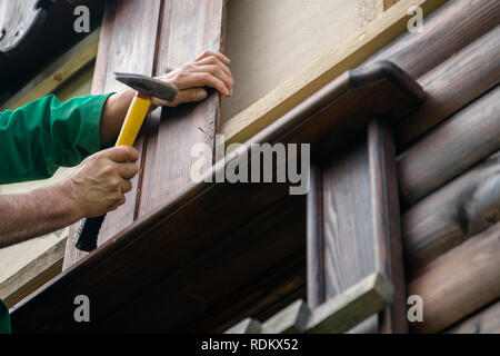 Falegname tuttofare martellare un chiodo nella tavola di legno. Concetto di riparazione e ristrutturazione. Il rinnovamento di legno parete di casa a mano. Foto Stock