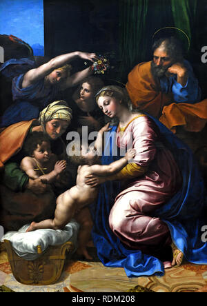 La Santa Famiglia 1518 (Gesù, Maria e Giuseppe), Santa Elisabetta, un infante Giovanni il Battista e due angeli. da Raphael - Raffaello Sanzio da Urbino 1483 -1520 era un italiano di pittore e architetto del Rinascimento Italia Foto Stock