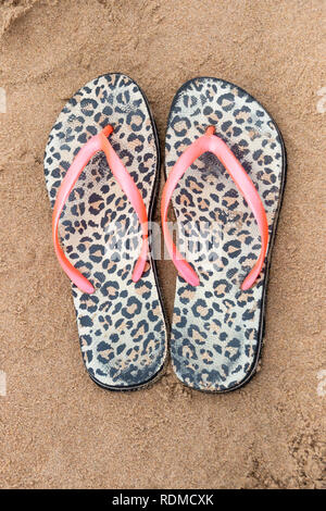 Una vista ravvicinata di una coppia di animali in plastica stampa flip flop sulla spiaggia di sabbia in una soleggiata giornata d'estate Foto Stock