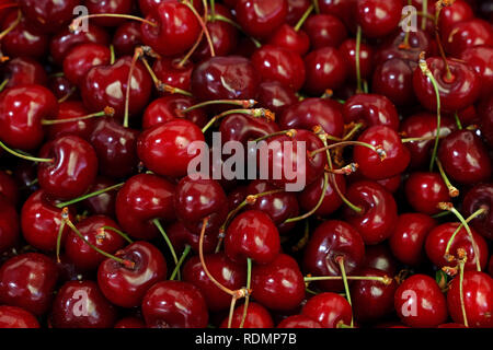 Cumulo di rossi freschi dolci mature amarena bacche sul mercato retail display di stallo, vicino ad alto angolo di visione Foto Stock