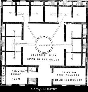 . Il cavallo nella stalla e il campo: la sua gestione in salute e in malattia ... con un saggio su American trottare il cavallo e i suggerimenti sull'allevamento e addestramento di zampetto. I cavalli. Piano terreno di stabili. 175 Le proporzioni migliori per le loro caselle sono i sedici e i diciotto piedi lungo da dodici piedi largo e nove o dieci alta, ma questi sono per- haps di poco al di sopra della media. Ciononostante mi hanno dato queste nell'allegato piano di a. Piedi. Corse o la caccia BTABLB. Esso è suddiviso in quattro distinte maneggio trentasei piedi lunghi e eigh- teen ampia, in cui tre o addirittura quattro caselle allentati m Foto Stock