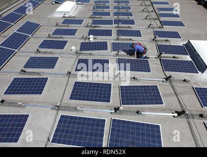 La costruzione di un grande impianto fotovoltaico su diversi tetti, 16000 metri quadrati, Gelsenkirchen, Renania settentrionale-Vestfalia Foto Stock