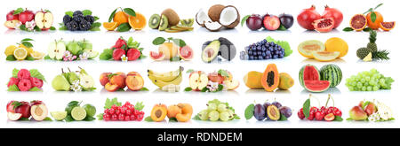 La frutta raccolta frutta orange apple mele melone ananas limone cherry organic isolato su uno sfondo bianco Foto Stock