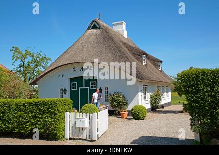 Casa con il tetto di paglia in Sieseby sull'ingresso Schlei, Schleswig-Holstein Foto Stock