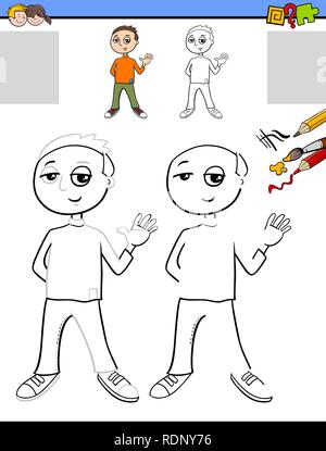 Cartoon illustrazione del disegno e la colorazione di attività educative per i bambini con Kid Boy carattere Illustrazione Vettoriale