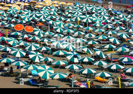 Ombrelloni e sedie a sdraio, il turismo di massa sulla spiaggia di Caorle, Mare Adriatico, Italia, Europa Foto Stock