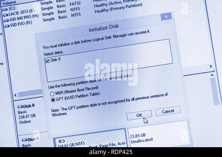 Parigi, Francia - Feb 17, 2015: dettaglio dello schermo di computer con una finestra di nuovo HDD formato disco rigido inizializzare il disco GPT con la tabella di partizione GUID Foto Stock