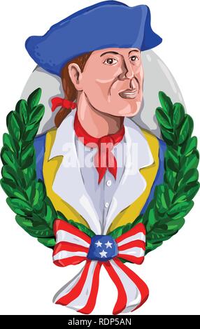 Retrò stile acquerello illustrazione di un american patriot o soldato rivoluzionario che indossa o Tricorno tricorno cappello con foglia di oliva corona e USA star Illustrazione Vettoriale