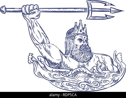 Schizzo di disegno illustrazione dello stile di Triton, un dio greco il messaggero del mare, figlio di Poseidone e Anfitrite, wielding trident sul mare con onde Illustrazione Vettoriale