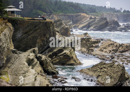 Spettacolare litorale con strane formazioni rocciose a Riva acri del parco statale, Coos Bay, Oregon Foto Stock