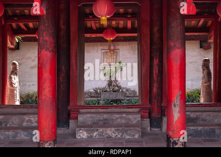 Albero di Bonsai in uno degli edifici del cortile con statue su entrambi i lati, il Tempio della Letteratura, Hanoi, Vietnam Foto Stock