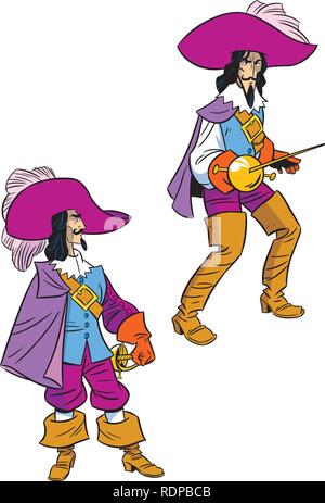 Illustrazione di un musketeer con una spada in pose diverse Illustrazione Vettoriale