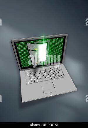 Laptop con porta aperta e i dati sullo schermo, illustrazione. Foto Stock