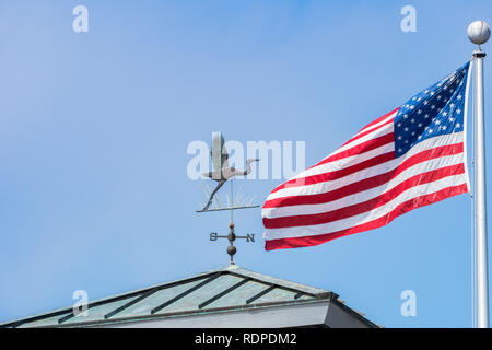 A forma di uccello banderuola; l'americano bandiera nazionale in background, San Francisco Bay Area, California Foto Stock