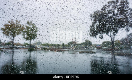 Gocce di pioggia sul parabrezza; gli alberi si riflette nel pavimento bagnato; Foto Stock