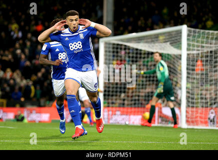 Birmingham City's che Adams punteggio celebra il suo lato del primo obiettivo del gioco durante il cielo di scommessa match del campionato a Carrow Road, Norwich. Foto Stock