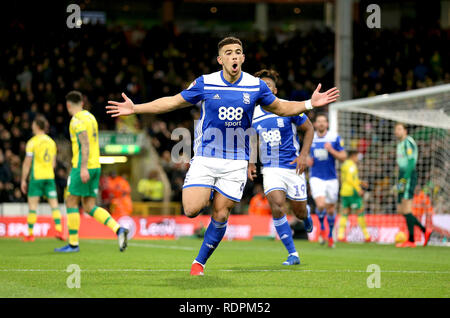 Birmingham City's che Adams punteggio celebra il suo lato del primo obiettivo del gioco durante il cielo di scommessa match del campionato a Carrow Road, Norwich. Foto Stock