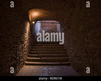 Scala in una cantina vault bloccato da una griglia Foto Stock