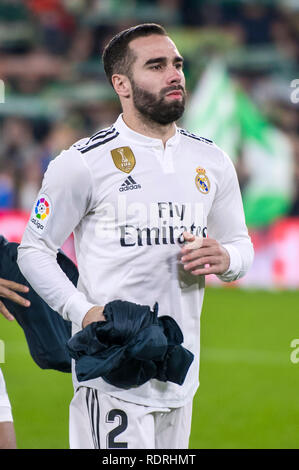 SEVILLA, 13-01-2019. Primera Division campionato spagnolo. LaLiga. Estadio Benito Villamarin. Daniel Carvajal (Real Madrid) durante il gioco Real Betis - Real Madrid. Foto Stock