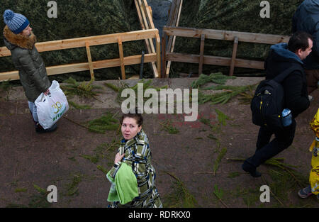 Astrakhan, Russia. 19 gennaio, 2019. Cristians ortodossi sono la balneazione nell'Epifania del fiume Volga in Astrakhan, Russia Credito: Maxim Korotchenko/Alamy Live News Foto Stock