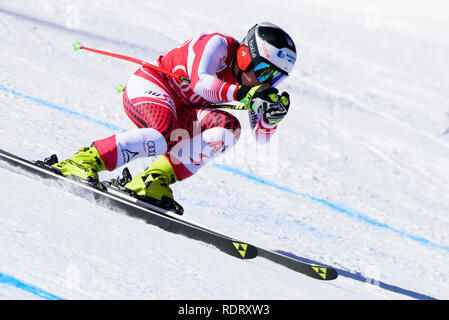 Cortina d'ampezzo, Italia. 18 gennaio, 2019. Nicole Schmidhofer dell'Austria in azione durante la Audi FIS Coppa del Mondo di Sci Alpino Femminile in discesa su gennaio 18, 2019 a Cortina d'Ampezzo Italia. Credito: Rok Rakun/Pacific Press/Alamy Live News Foto Stock