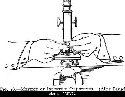 . Elementi di microscopia applicata. Un libro di testo per i principianti. Microscopia. 26 elementi di microscopia applicata. può essere utilizzato quando il più forte illuminazione è desiderabile. L'osservatore deve in modo regolare il suo angolo in relazione alla finestra o la lampada che un chiaro e ben definito il cerchio di luce può essere visto. Se la luce essere irregolare, o se un'immagine della finestra-bar o la fiamma visibile, sia l'angolo dello specchio o la sua distanza dallo stadio può essere cambiato tanto come alla ri-. Â Metodo di inserimento di obiettivi. (Dopo Bausch.) Spostare la difficoltà. Se il cerchio è troppo luminoso in modo che il suo bagliore ferisce i Foto Stock