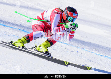 Cortina d'ampezzo, Italia. 18 gennaio, 2019. Ricarda Haaser dell'Austria in azione durante la Audi FIS Coppa del Mondo di Sci Alpino Femminile in discesa su gennaio 18, 2019 a Cortina d'Ampezzo Italia. Credito: Rok Rakun/Pacific Press/Alamy Live News Foto Stock