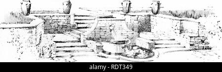 . Giardini per piccole case di campagna . Giardini, inglese. Gradini e scale. 97 per effetto di fornire una molto ampia scalinata dalla metà del "la terrazza al prato sotto, come è suggerito dal disegno dal sig. C. E. Malva^ (Fig. 126). Nel capitolo su " Acqua nel giardino formale " molti dei diversi schemi mostrati da fotografia o disegno dipendono per il loro successo sui gradini con cui le piscine comporre. Il design dal sig. Inigo Triggs, ora illustrata nelle figg. 127 e 128, dà un suggerimento per il trattamento di una doppia scalinata che collega due livelli, e presenta una forma sagomata p Foto Stock