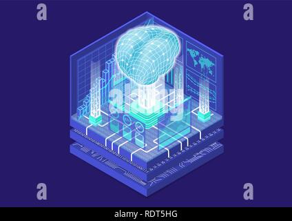Intelligenza artificiale e internet delle cose concetto con digital cervello e come isometrica illustrazione vettoriale Illustrazione Vettoriale