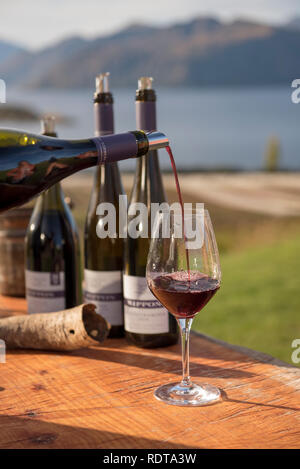 Degustazione di vino presso Rippon con belle viste; degustazioni di vino hanno luogo di norma nella sala di degustazione ma occasionalmente può accadere nel prato. Rippon è Foto Stock