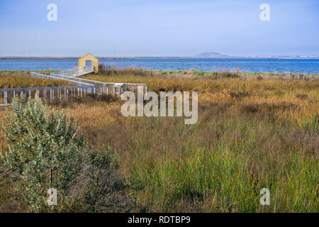 La passerella attraverso la palude a Alviso Marina County Park, San Jose, Santa Clara County, California Foto Stock