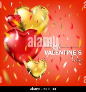 Happy Valentines Day card con l'oro e rosso foil forma di cuore palloncini Illustrazione Vettoriale