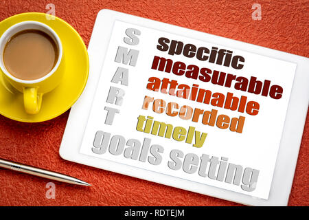 SMART (specifici, misurabili, raggiungibili registrati, tempestivo) impostazione obiettivo concetto su una tavoletta digitale con una tazza di caffè Foto Stock