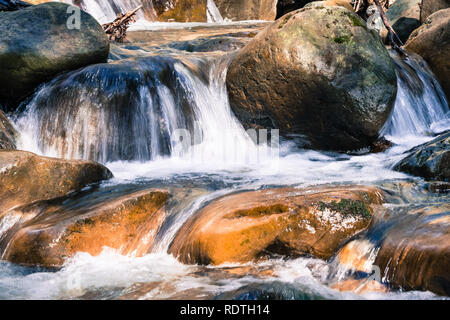 Close up di acqua che cade attraverso le rocce su il corso di un torrente in Uvas canyon parco della Contea di Santa Clara County, California; lunga esposizione Foto Stock