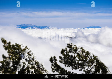 Bella vista dall'alto sopra le nuvole verso la vetta del Monte San Gorgonio e Mt San Jacinto, visibile in background; foto scattata dal Monte Foto Stock