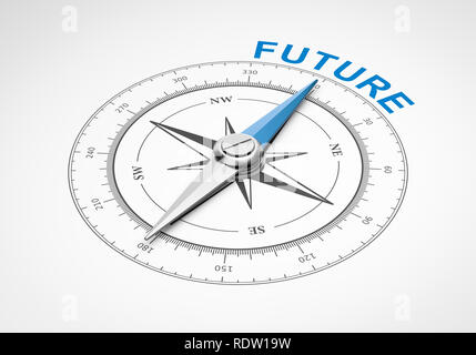 Bussola magnetica con l'ago rivolto verso il futuro blu parola su sfondo bianco 3D illustrazione Foto Stock