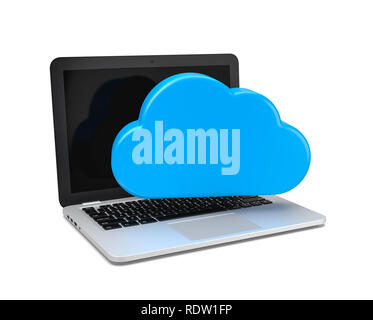Computer portatile con una nuvola blu 3D'illustrazione, Cloud Computing Concept Foto Stock