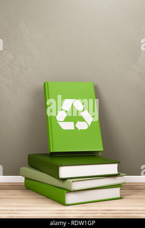 Prenota con simbolo di riciclaggio sul coperchio sulla sommità di una pila di libri verdi in camera con Copyspace 3D Render Foto Stock