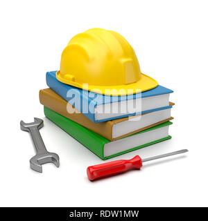 Pila di libri con un Casco giallo, una chiave ed un cacciavite su sfondo bianco 3D'illustrazione, lavorando mentre studiava Concept Foto Stock