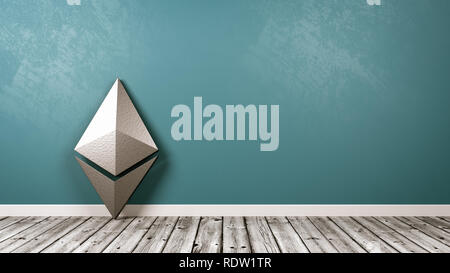 Ethereum metallico Cryptocurrency forma del simbolo sul pavimento di legno contro la parete blu con copia spazio 3D illustrazione Foto Stock