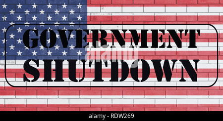 Con la parola 'Govermnent Arresto' sulla bandiera degli Stati Uniti d'America dipinta su un muro di mattoni. Foto Stock