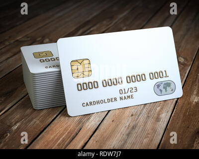 Pila di vuoto bianco carte di credito mockup sul tavolo di legno dello sfondo. 3d illustrazione Foto Stock