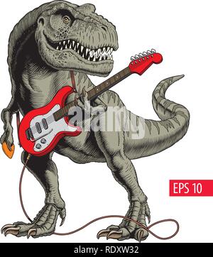 Dinosauro suonare la chitarra elettrica. Tirannosauro o T. rex. Illustrazione Vettoriale. Illustrazione Vettoriale