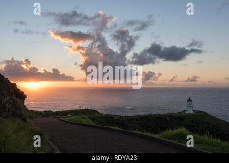 Cape Reinga è il punto northwesternmost della Nuova Zelanda ed è sacro nella cultura Maori. Foto Stock